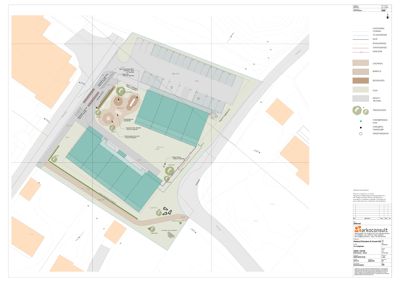 Situasjonsplan som viser tomtens beliggenhet, nabobebyggelse, veier, terrengforhold og planlagt bebyggelse.