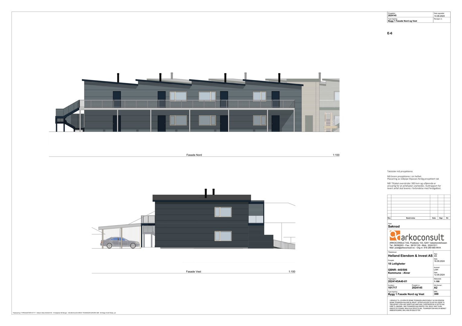 Fasadetegning som viser bygningens utseende fra nord og vest.