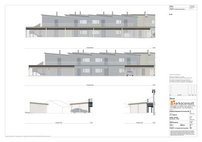Fasadetegning som viser bygningens utseende fra flere vinkler (vest og vest-vest).