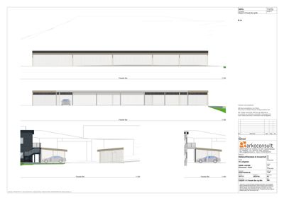 Fasadetegning som viser oppriss av en bygning sett fra foran, med detaljer om takform, vinduer og inngang.