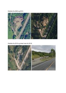 Bildet viser en samling ortofotoer (luftbilder) og et street view-bilde fra ulike år (2003, 2013, 2019, 2018) som dokumenterer endringer på en tomt eller i et nabolag over tid.