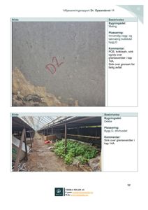 Fotografier fra en miljøundersøkelse som viser maling på vegg og tak, samt et drivhus med synlige skader.