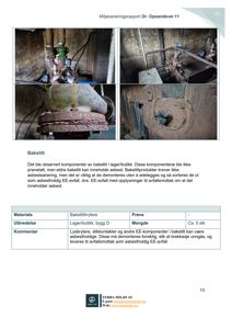 Fotografier av bakelittkomponenter (lysbrøytere) i en bygning, inkludert tekst om asbestrisiko.