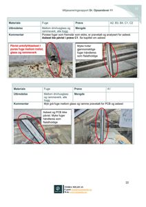 Fotografier av fuge mellom glass og rammeverk med tilhørende tekstbeskrivelser om asbest og PCB.