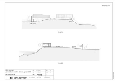 Snittegning (Snitt AA og Snitt BB) som viser tverrsnittet av bygningen i forhold til terrenget og naboeiendom.