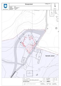 Situasjonsplan som viser eiendomsgrenser, topografi og bygningers plassering i forhold til nabolag.