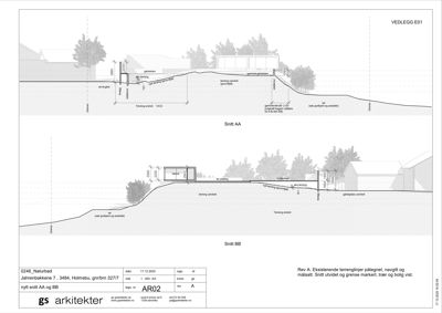Snittegning (Snitt AA og Snitt BB) som viser tverrsnitt av terreng og bygninger.