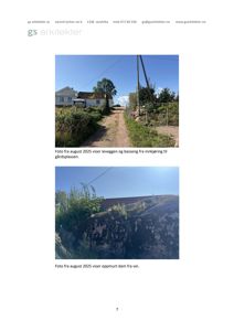 To fotografier fra en byggesak som viser eksisterende tilstand på eiendommen, inkludert en vei, en le vegge, en basseng og en oppmurt dam.