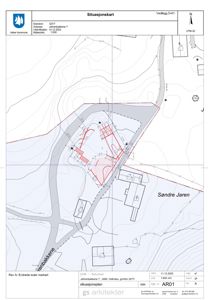 Situasjonsplan som viser tomtens form, terrengforhold (konturlinjer), naboeiendom og bygningers plassering.