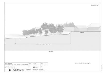 Snittegning som viser fasade mot sørvest, terrengforhold og beplantning.