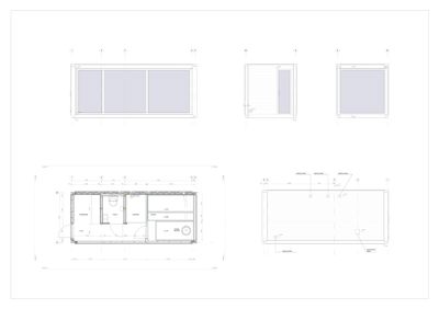 Bildet viser en detaljert etasjeplan (floor plan) av en bygning, sannsynligvis en bolig eller en liten næringsdrift. Det er også inkludert fasadetegninger (opp- og sidevisninger) med mål og vindusdetaljer.