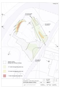 Situasjonsplan som viser terrengendringer (fjerning av jord, gress og mose) i forhold til tillaksområdet for en byggesak.