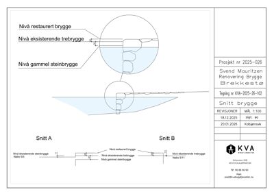 Snittegning av en brygge som viser nivåforskjeller mellom restaurert brygge, eksisterende trebrygge og gammel steinbrygge.