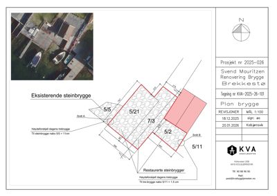 Plantegning av eksisterende og restaurerte steinbrygger med romnummer, mål og snittreferanser.
