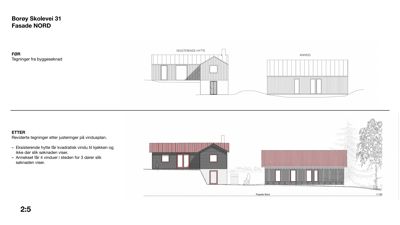 Fasadetegning (opprikk) av en bygning sett fra nord, med 'FØR' (eksisterende) og 'ETTER' (planlagt) tilstand.