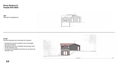 Fasadetegning (opprikk) av en bygning sett fra syd-vest, med 'FØR' og 'ETTER' tilstander.