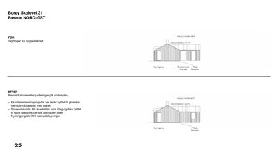 Fasadetegning for Borøy Skolevei 31, som viser oppriss av bygningen sett fra nord-øst. Tegningen viser både eksisterende tilstand ('FØR') og revidert skisse etter justeringer ('ETTER').