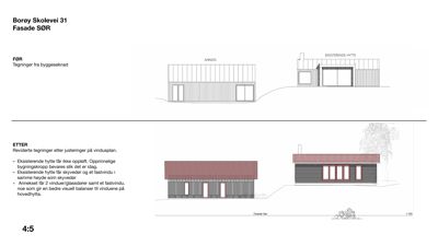 Fasadetegning som viser bygningen sett fra sør, både før og etter endringer.