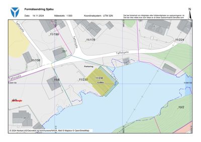 Kart over området med tomtenumre, gater (Tøffelgata) og vannkropp. Viser formålsendring for tomt 11/230.
