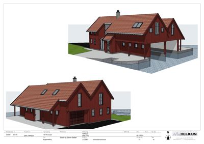 Fasadetegning som viser bygningens utseende fra ulike vinkler (3D-visualiseringer).