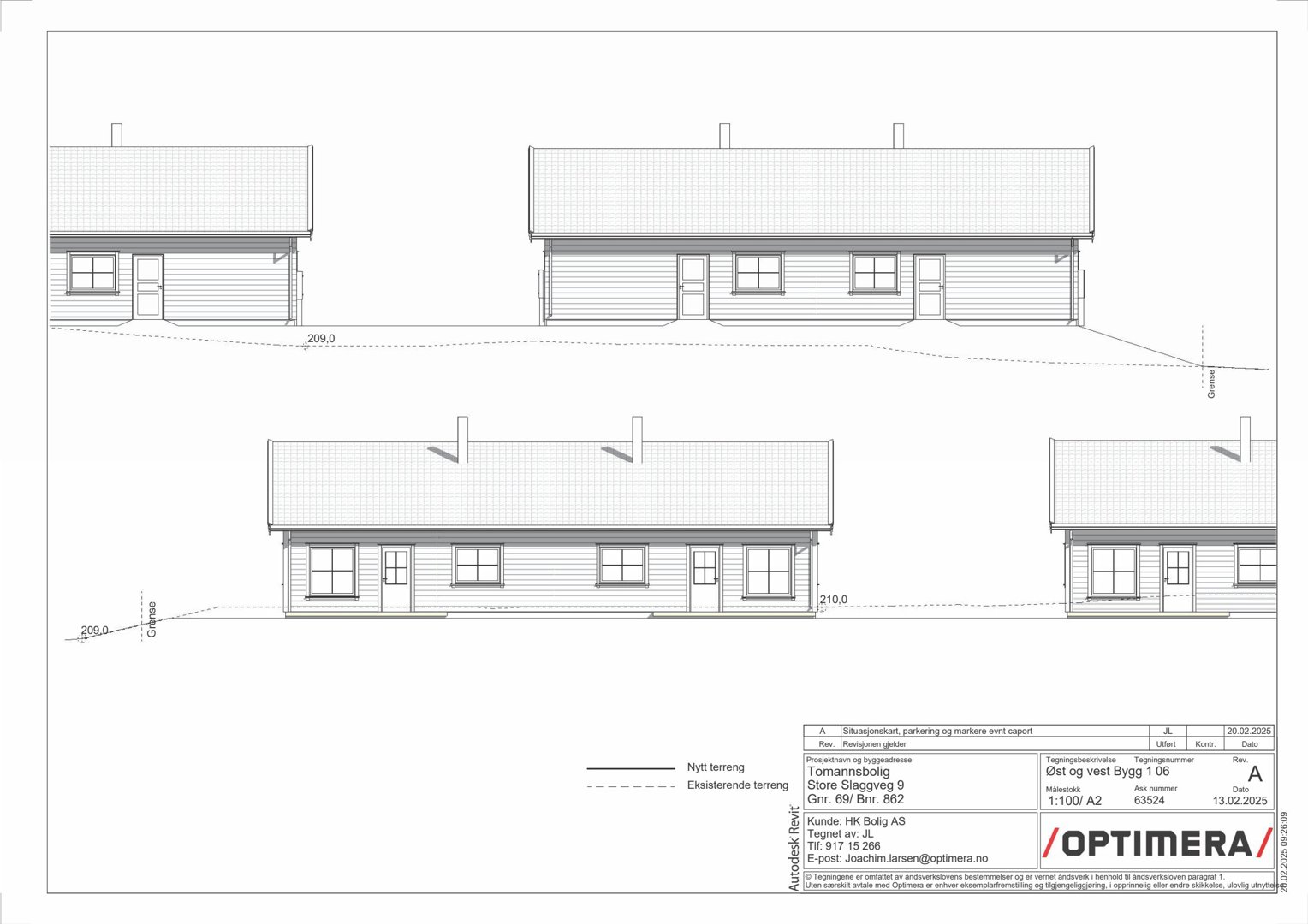 Fasadetegning som viser fronten på flere hus med angitte høyder og terrengforhold.