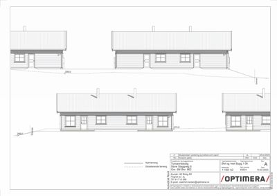 Fasadetegning som viser fronten på flere hus med angitte høyder og terrengforhold.