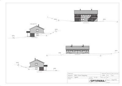 Fasadetegning med oppriss av fire ulike husvarianter sett fra front.