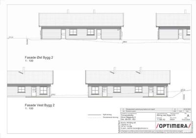 Fasadetegning som viser bygningens utseende sett fra øst og vest, inkludert vinduer, dører, takform og terrengforhold.