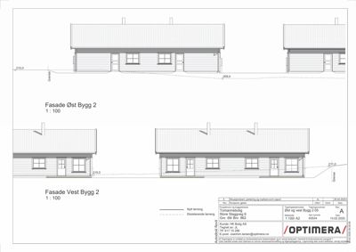 Fasadetegning som viser bygningens utseende sett fra øst og vest, inkludert vinduer, dører, takform og terrengforhold.