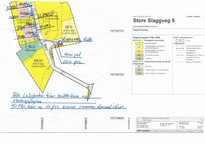 Situasjonsplan for reguleringsplanen Store Slaggveg 9 med arealbruk, bebyggelse og håndskrevne notater om vann- og avløpsledninger.