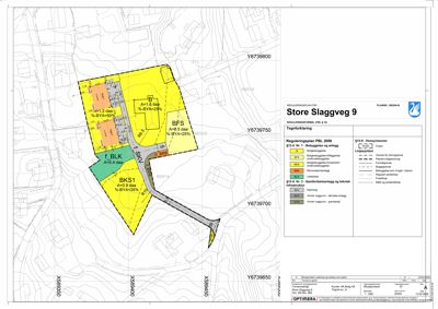 Situasjonsplan som viser tomtens grenser, plassering av bygninger (BLK, BFS, BKSI) og veier i forhold til reguleringssoner.