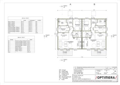 Etasjeplan for et flerboligprosjekt som viser romfordeling, arealer og parkeringsplasser for to boliger (A og B).