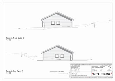 Fasadetegning som viser bygningens utseende sett fra nord og sør, inkludert høydeoppgaver og terrengforhold.