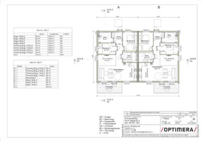 Etasjeplan for et flerboligprosjekt som viser romfordeling, arealer og parkeringsplasser for to boliger (A og B).