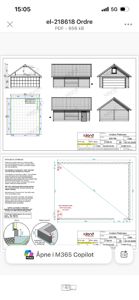 Fasadetegning som viser bygningens utseende fra fire ulike vinkler (front, side, og to perspektiver), samt en detaljtegning av takkonstruksjonen.