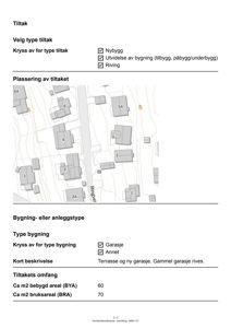Situasjonsplan som viser plassering av tiltaket (ny garasje) i forhold til nabolaget og eksisterende bygninger.