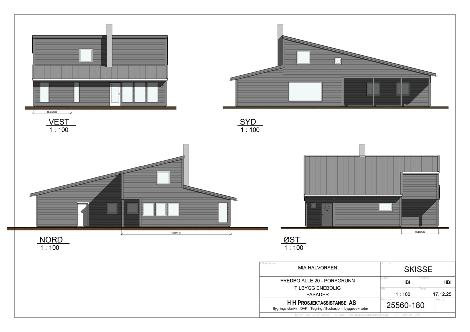 Fasadetegning som viser bygningens utseende fra fire sider: Vest, Syd, Nord og Øst.