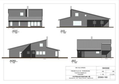 Fasadetegning som viser bygningens utseende fra fire sider: Vest, Syd, Nord og Øst.