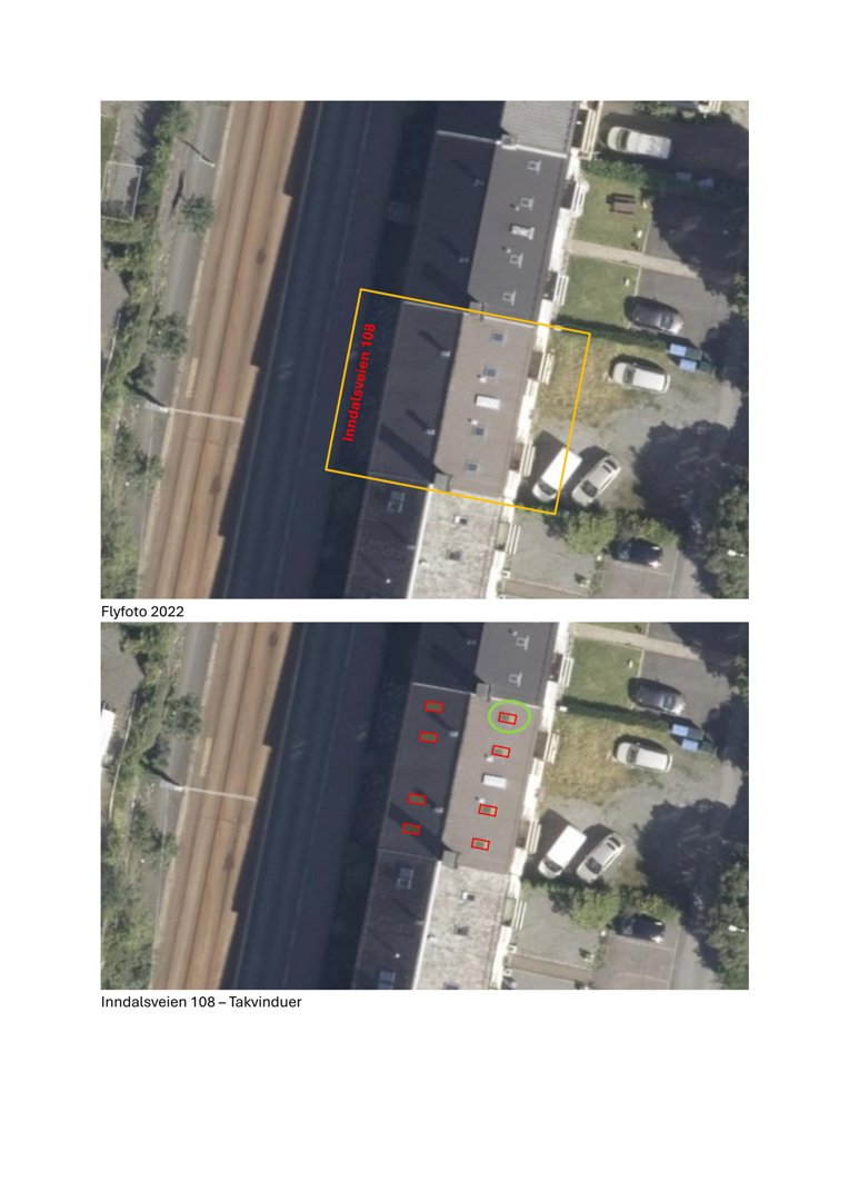 Bildet viser to flyfotografier fra 2022 av en bygning på Innndalsveien 108. Øverste bilde viser tomtegrense, nederste bilde viser takvinduer.