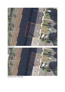 Bildet viser to flyfotografier fra 2022 av en bygning på Innndalsveien 108. Øverste bilde viser tomtegrense, nederste bilde viser takvinduer.