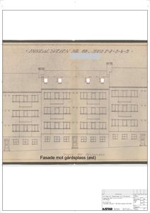 Fasadetegning av bygningen på Innaløveien 68, sett fra øst mot gårdsplass.