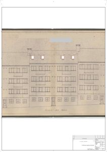 Fasadetegning av bygningen på Innaløveien 68, sett fra øst mot gårdsplass.