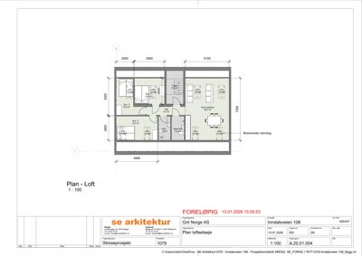 Plantegning av loftsetasje (Plan - Loft) med romfordeling, dimensjoner og møblering.