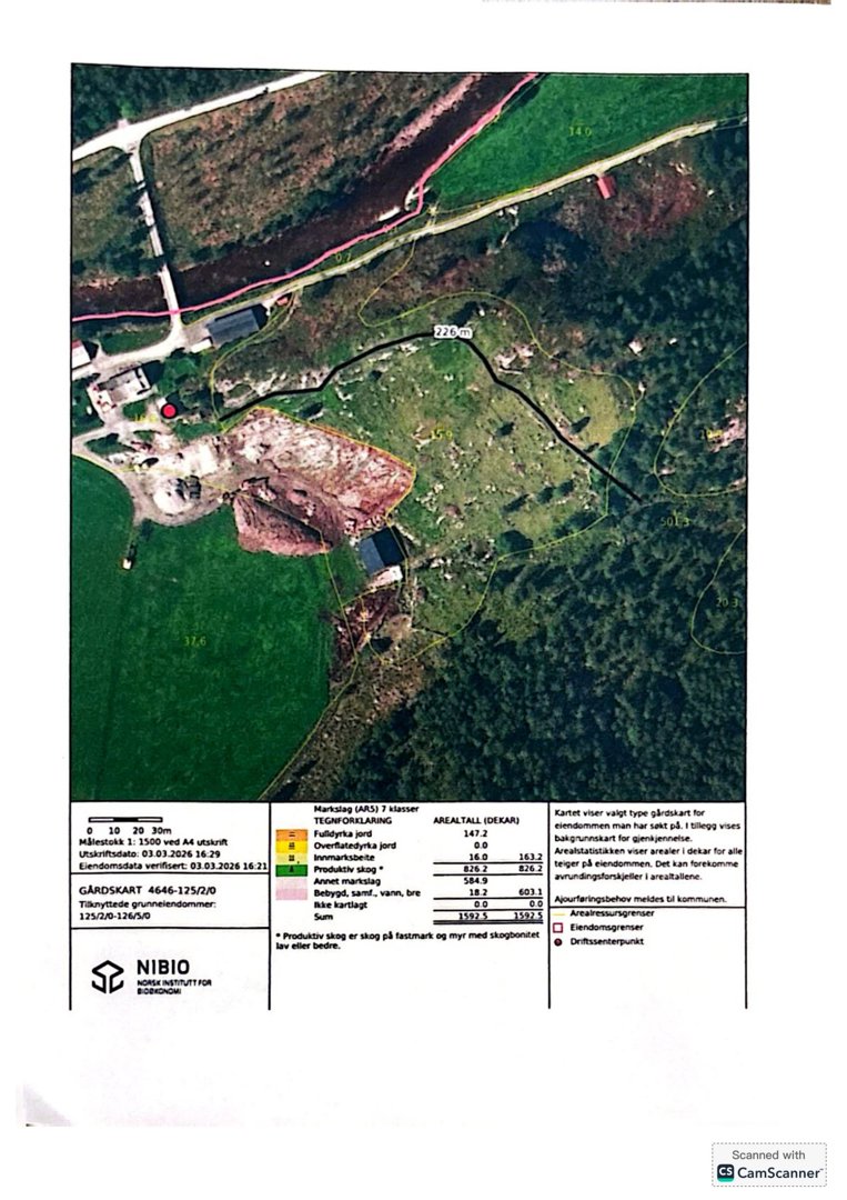 Gårdsplan med arealdata, markskart og eiendomsgrenser