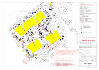 Situasjonsplan som viser tomtens oppdeling, bygningsspor, veier og tilhørende infrastruktur.