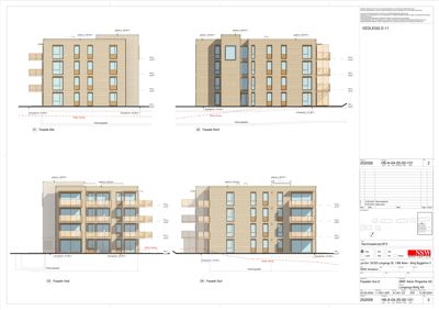 Fasadetegning som viser bygningens utseende fra fire ulike sider (Øst, Nord, Vest, Sør) med mål og detaljer.