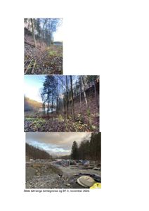 Fotografier av et naturområde med skog og en elv, samt et område med byggavfall eller materialer. Bildet har en tekstlinje som sier 'Bilde tatt langs tomtegrense og BT 3, november 2022.'