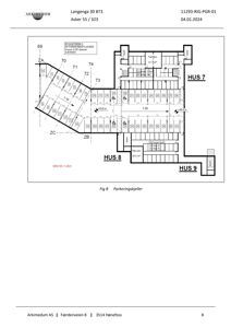 Etasjeplan for parkeringskjeller (Fig 8) som viser romfordeling, dimensjoner og plassering av parkeringsplasser.