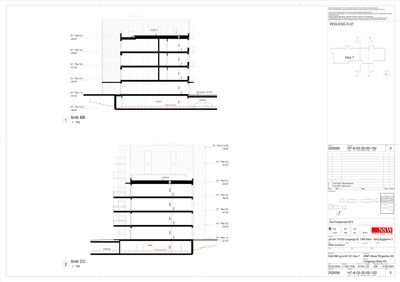 Snittegning (Snitt BB og Snitt CC) som viser tverrsnittet av bygningen med etasjer og høyder.