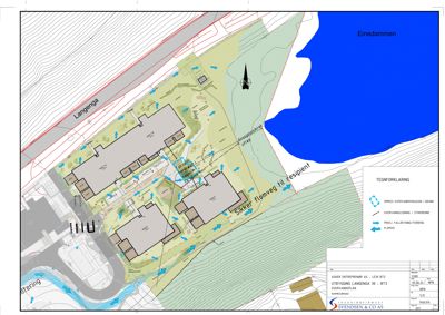 Situasjonsplan som viser tomtens beliggenhet, omgivende infrastruktur (Langenga, Einedammen), terrengforhold og vannhåndteringsløsninger.